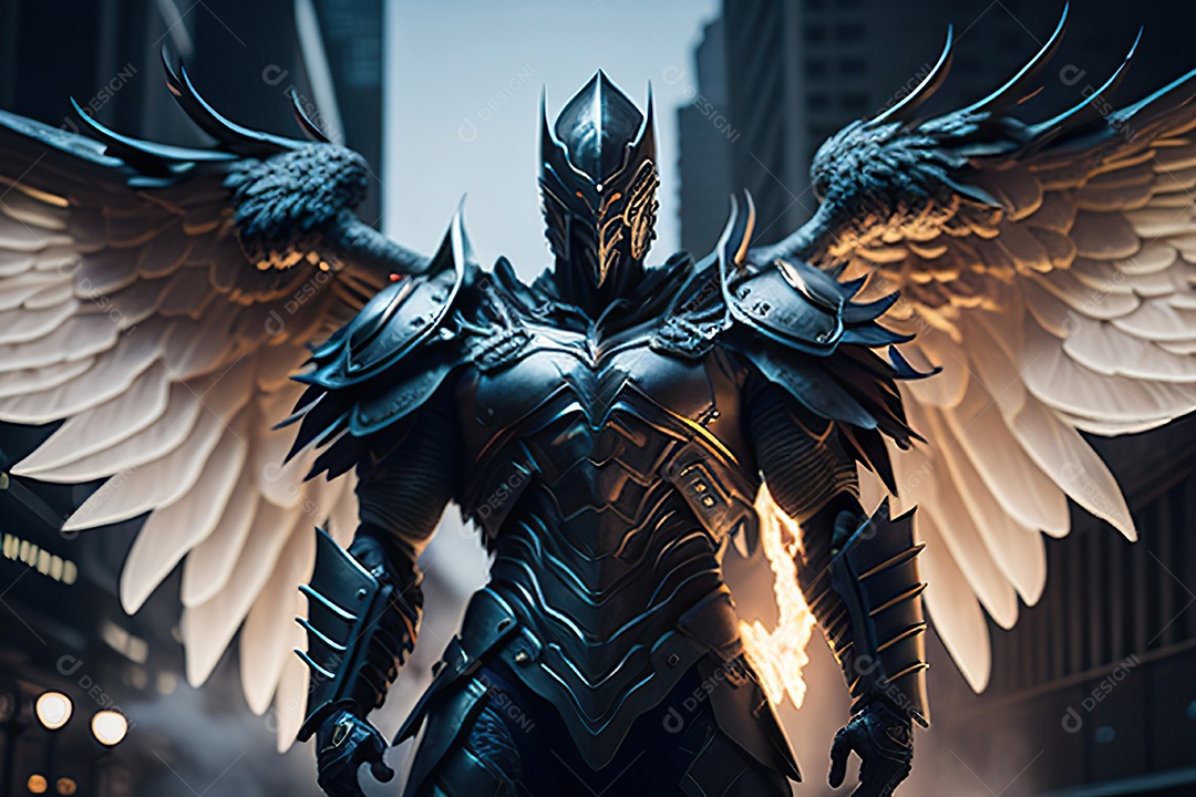 Anjo com armadura na cidade em chamas