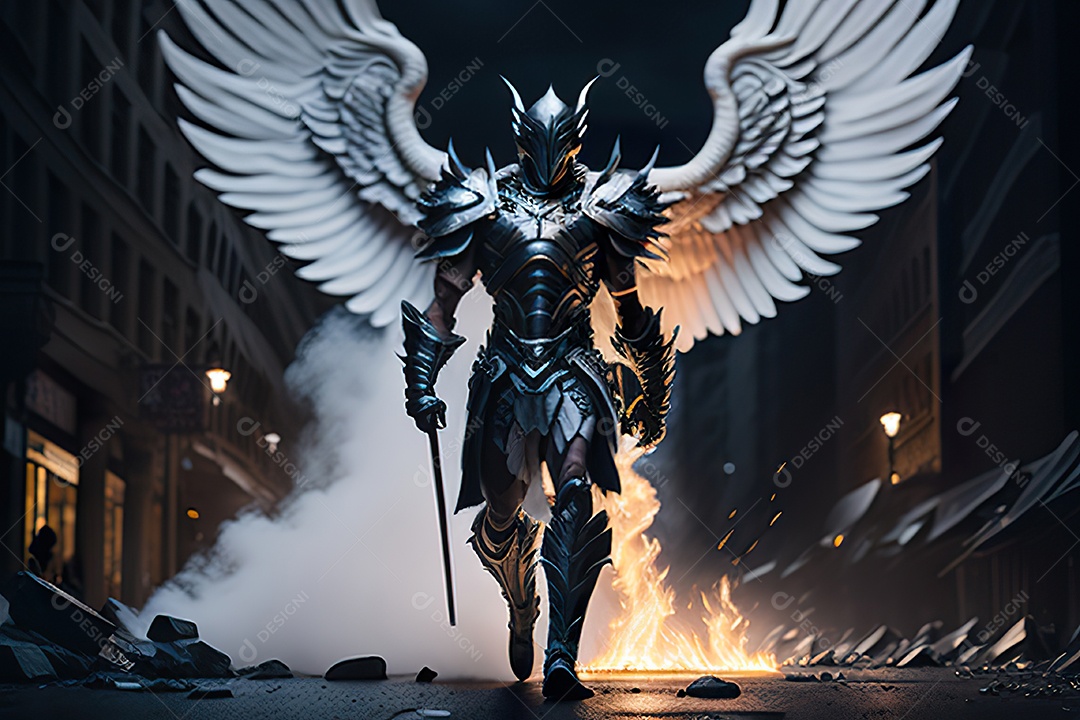 Anjo com armadura na cidade em chamas