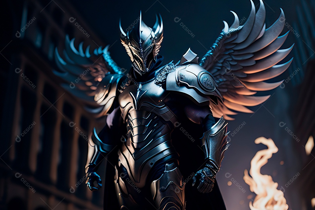 Anjo com armadura na cidade em chamas.