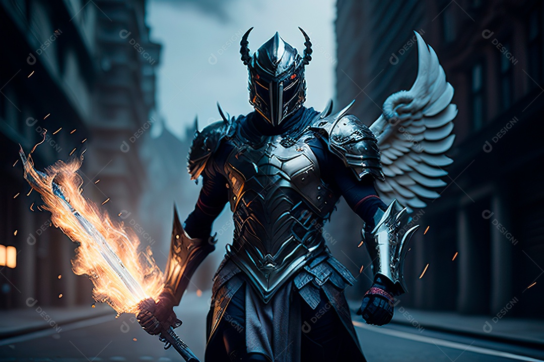 Anjo com armadura na cidade em chamas.