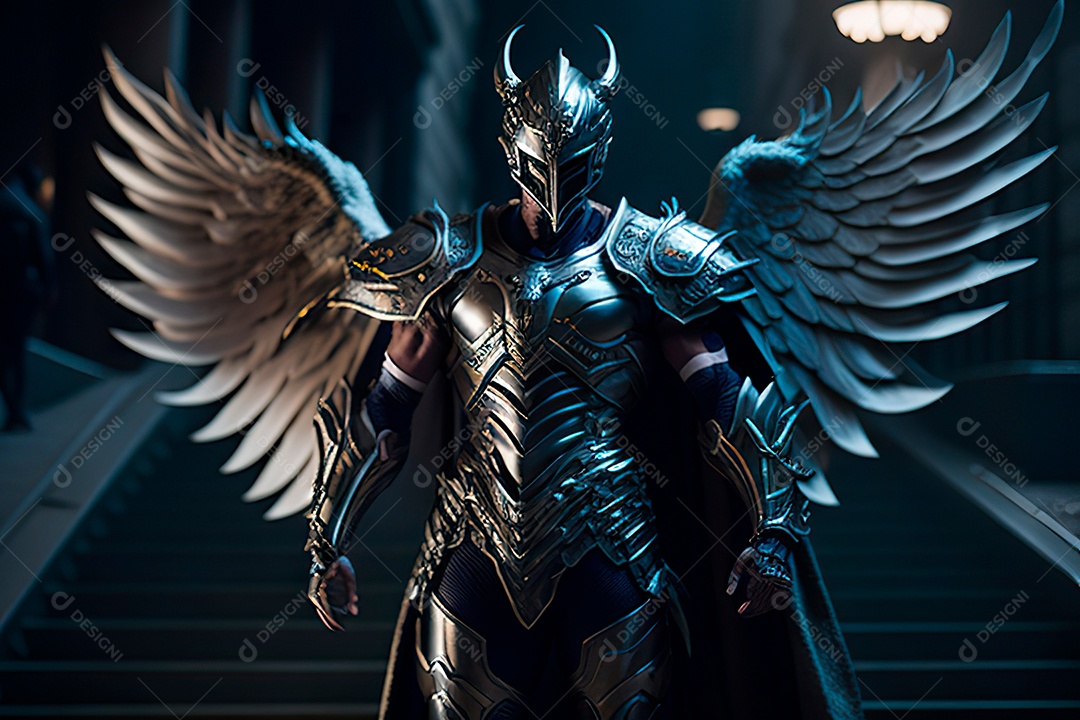 Anjo com armadura na cidade em chamas.