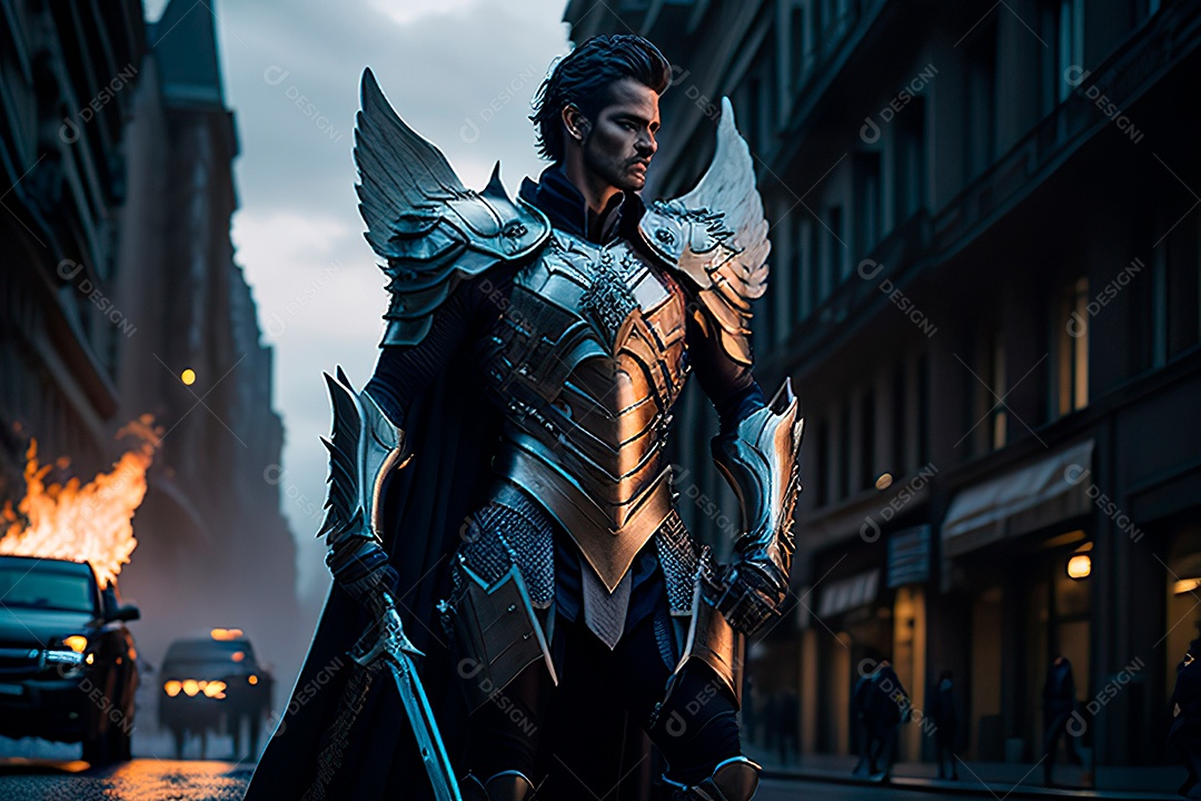 Anjo com armadura na cidade em chamas.