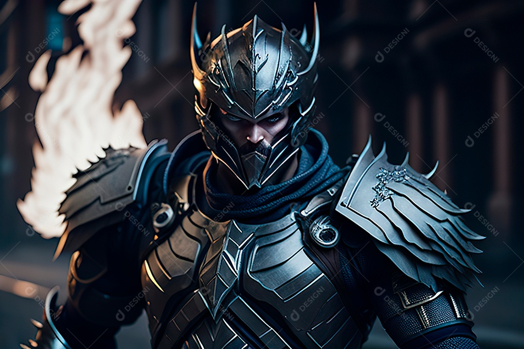 Anjo com armadura na cidade em chamas.