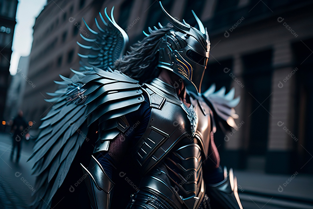 Anjo com armadura na cidade em chamas.