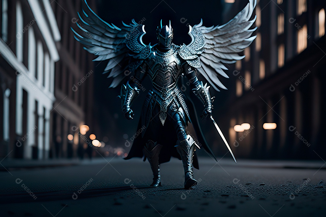 Anjo com armadura na cidade em chamas.