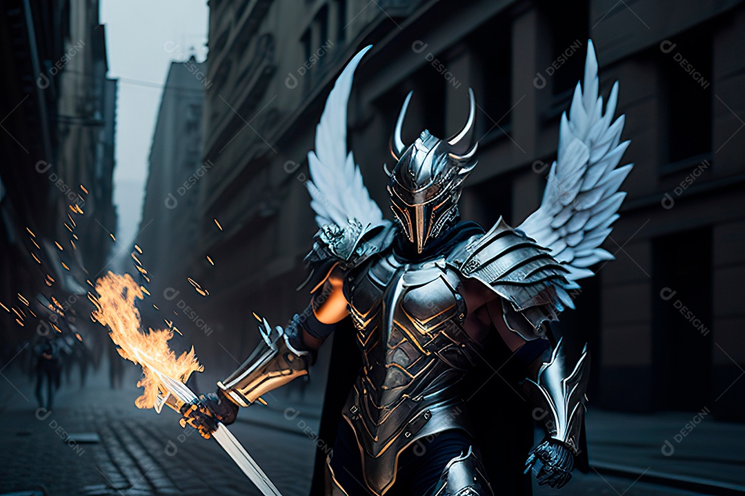 Anjo com armadura na cidade em chamas.