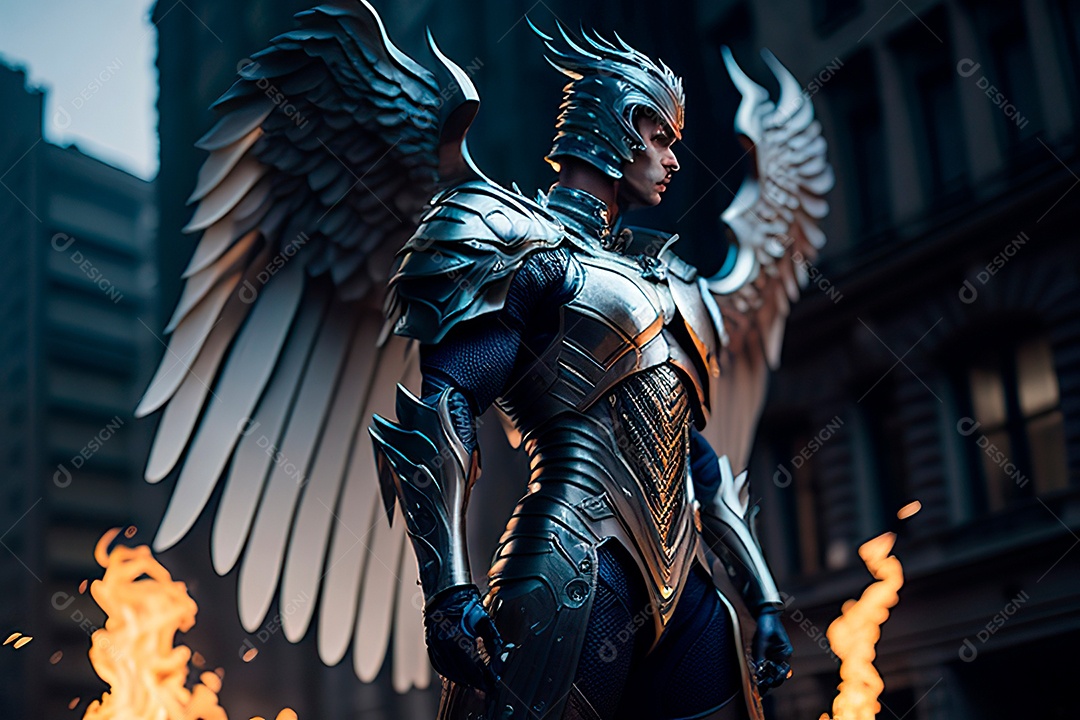 Anjo com armadura na cidade em chamas.