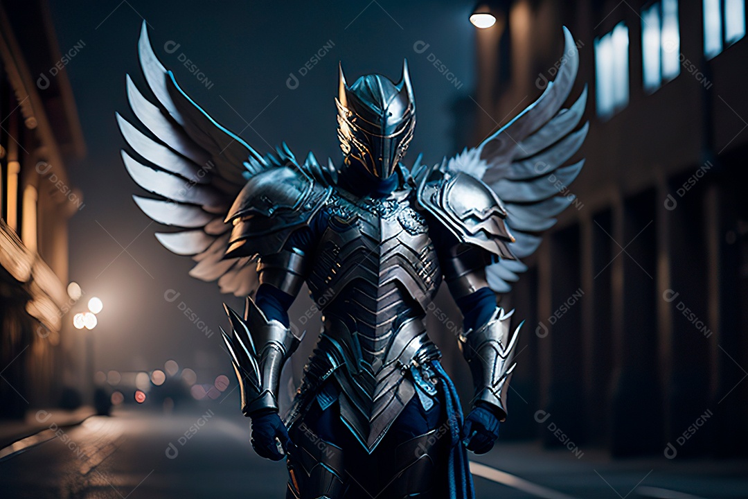 Anjo com armadura na cidade em chamas.