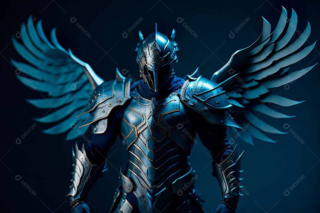 Anjo com armadura na cidade em chamas.