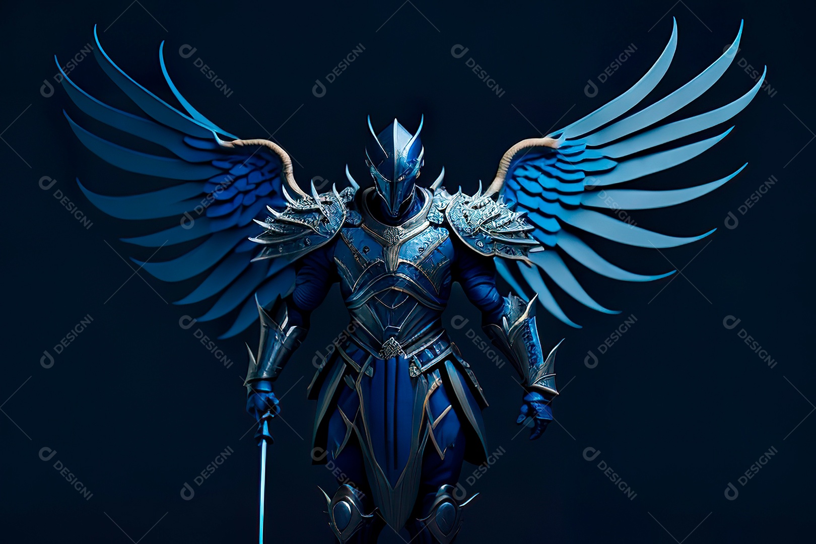 Anjo com armadura na cidade em chamas.