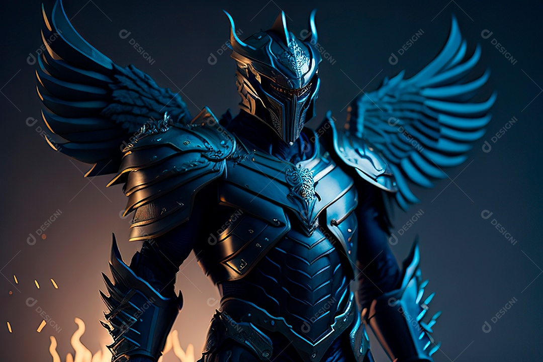 Anjo com armadura na cidade em chamas.