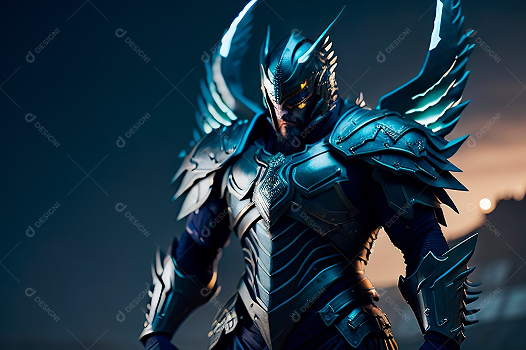 Anjo com armadura na cidade em chamas.