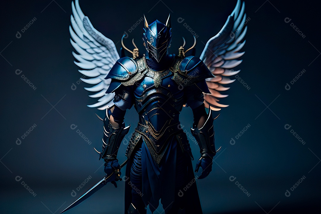 Anjo com armadura na cidade em chamas.