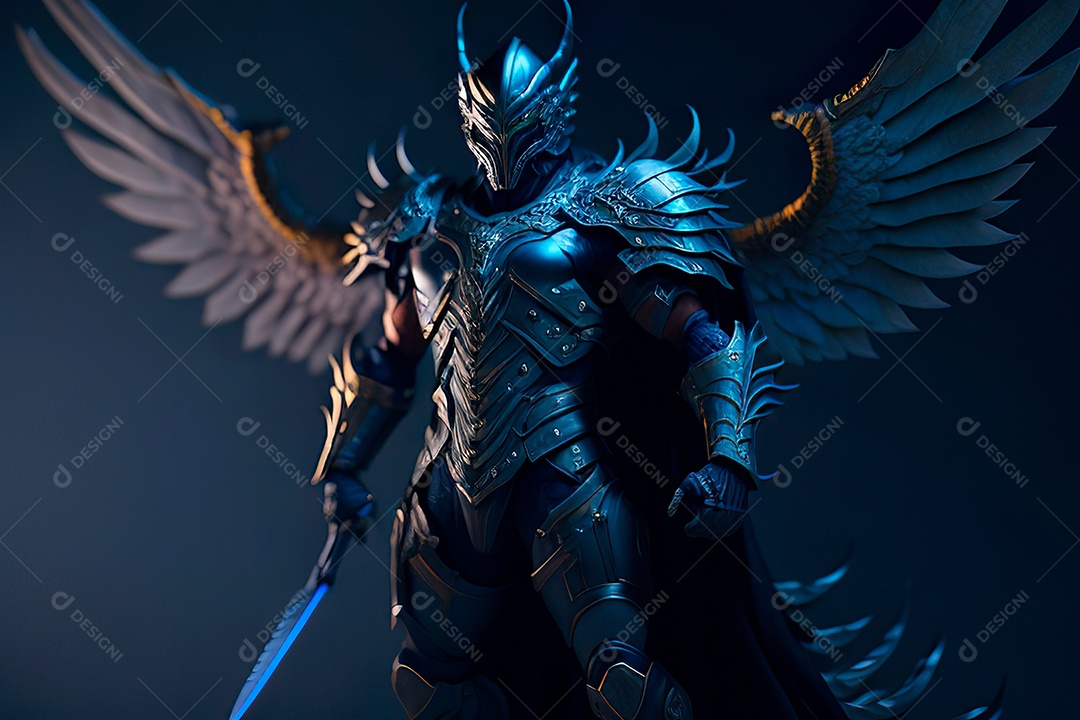 Anjo com armadura na cidade em chamas.