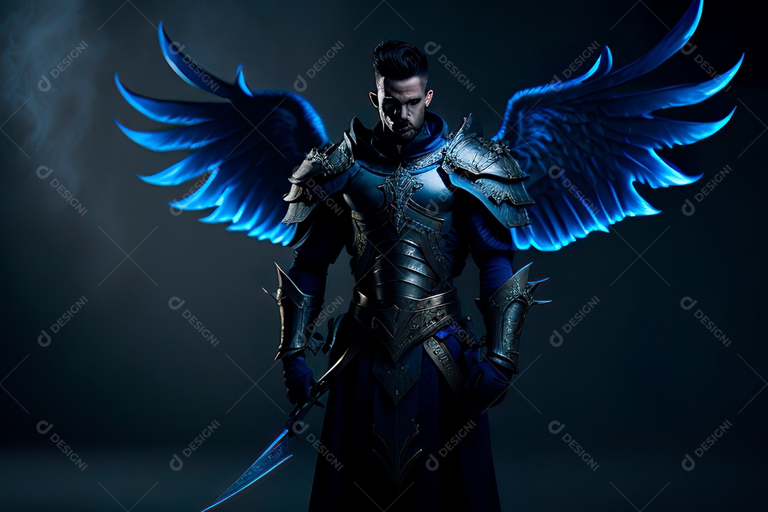 Anjo com armadura na cidade em chamas.