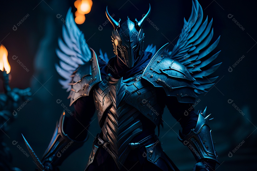 Anjo com armadura na cidade em chamas.