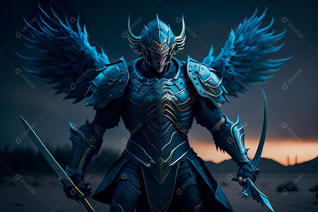 Anjo com armadura na cidade em chamas.