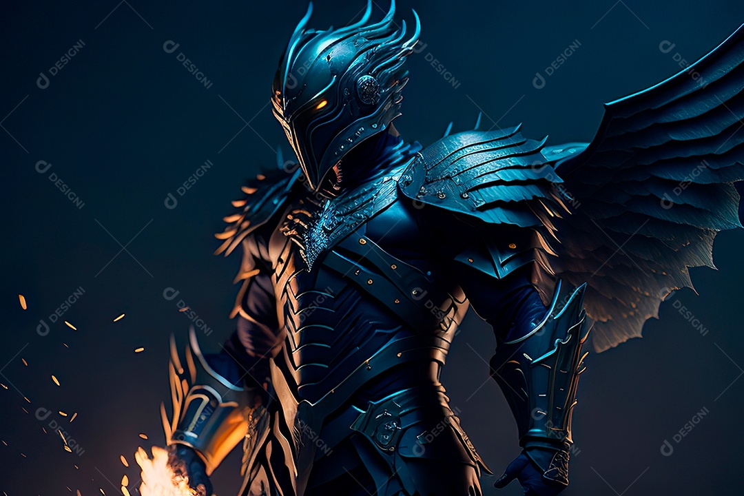 Anjo com armadura na cidade em chamas.