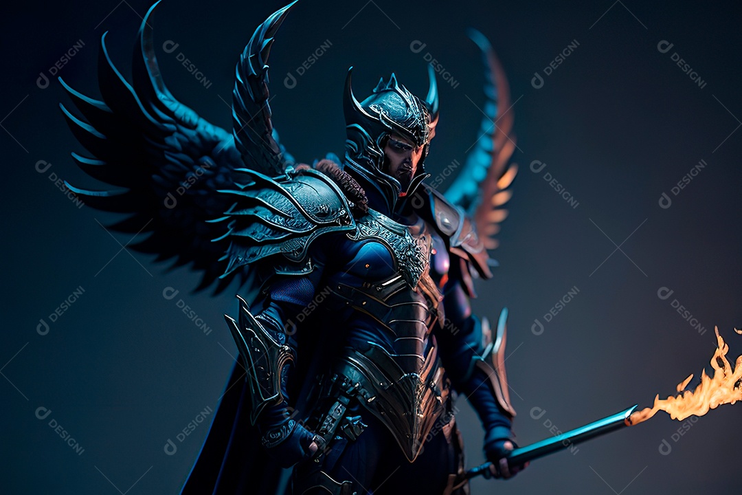 Anjo com armadura na cidade em chamas.