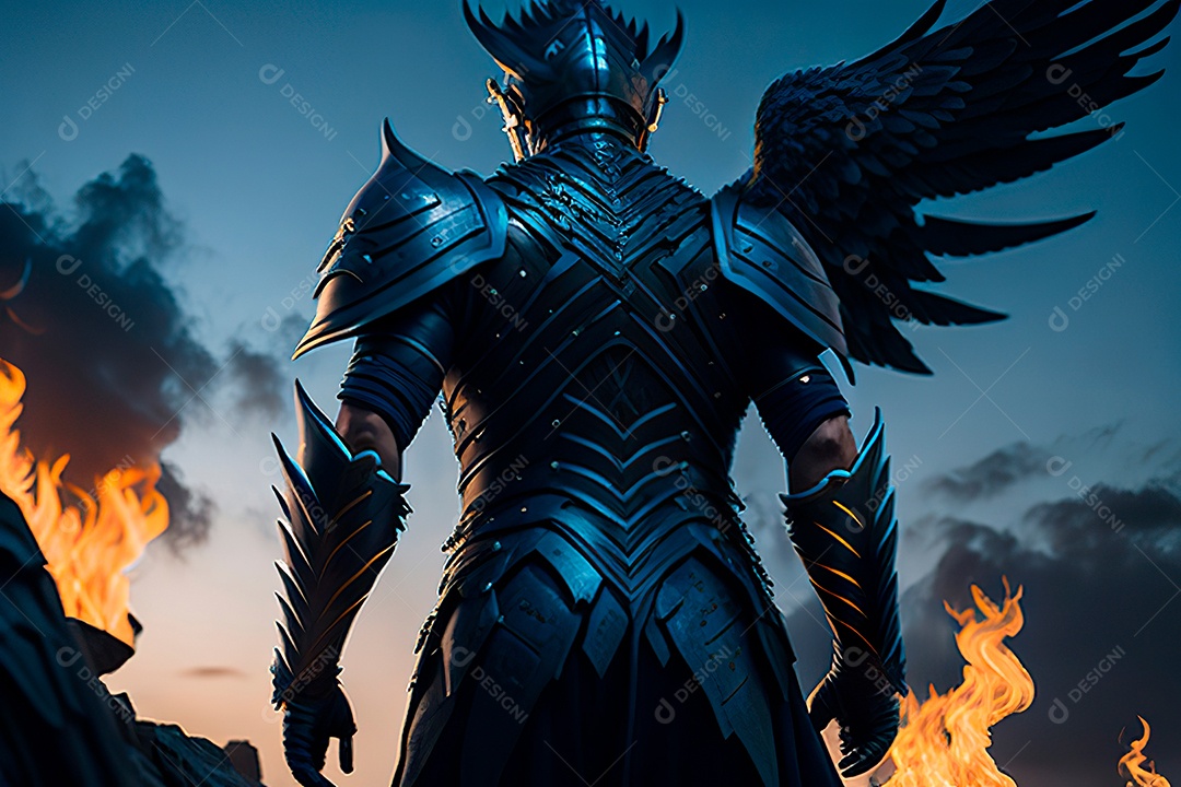 Anjo com armadura na cidade em chamas.