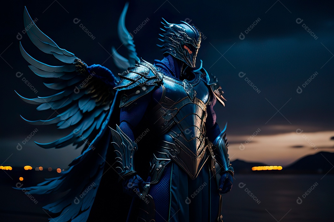 Anjo com armadura na cidade em chamas.