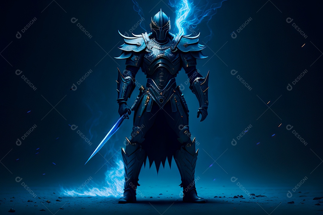 Anjo com armadura na cidade em chamas.