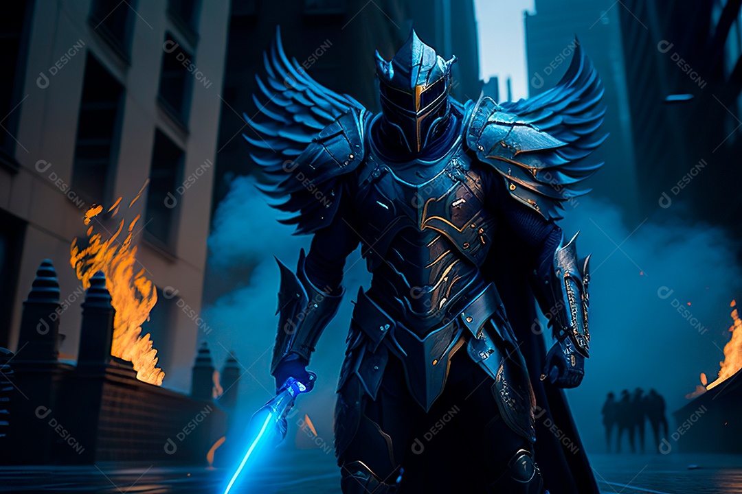 Anjo com armadura na cidade em chamas.