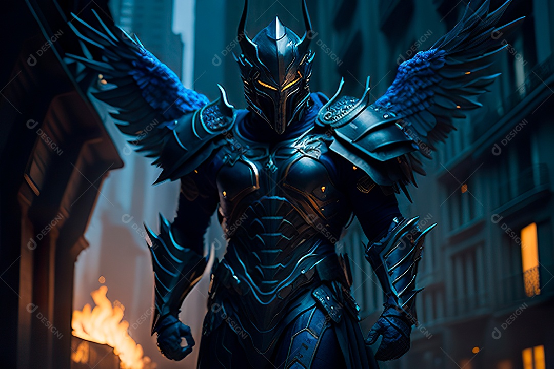 Anjo com armadura na cidade em chamas.