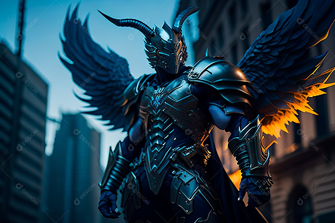 Anjo com armadura na cidade em chamas.