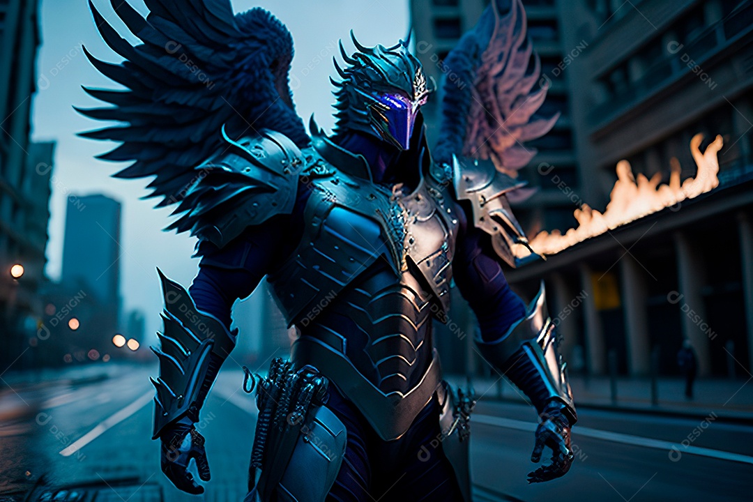 Anjo com armadura na cidade em chamas.