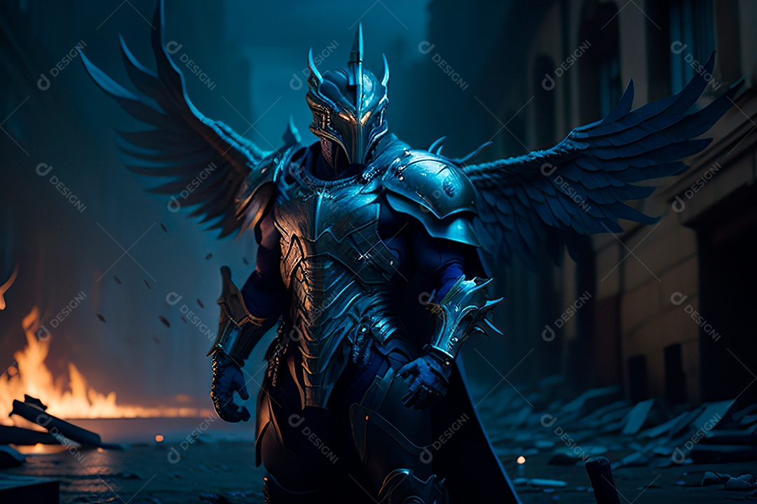 Anjo com armadura na cidade em chamas.