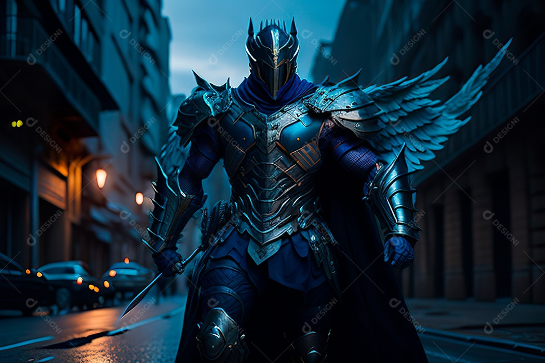 Anjo com armadura na cidade em chamas.