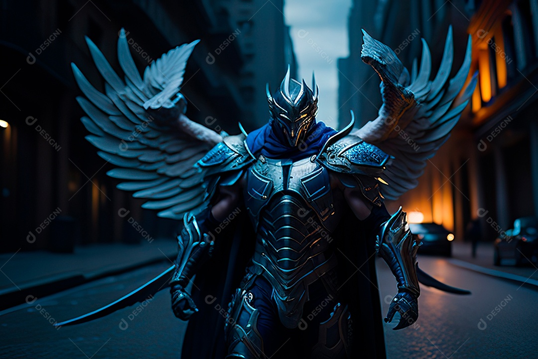 Anjo com armadura na cidade em chamas.