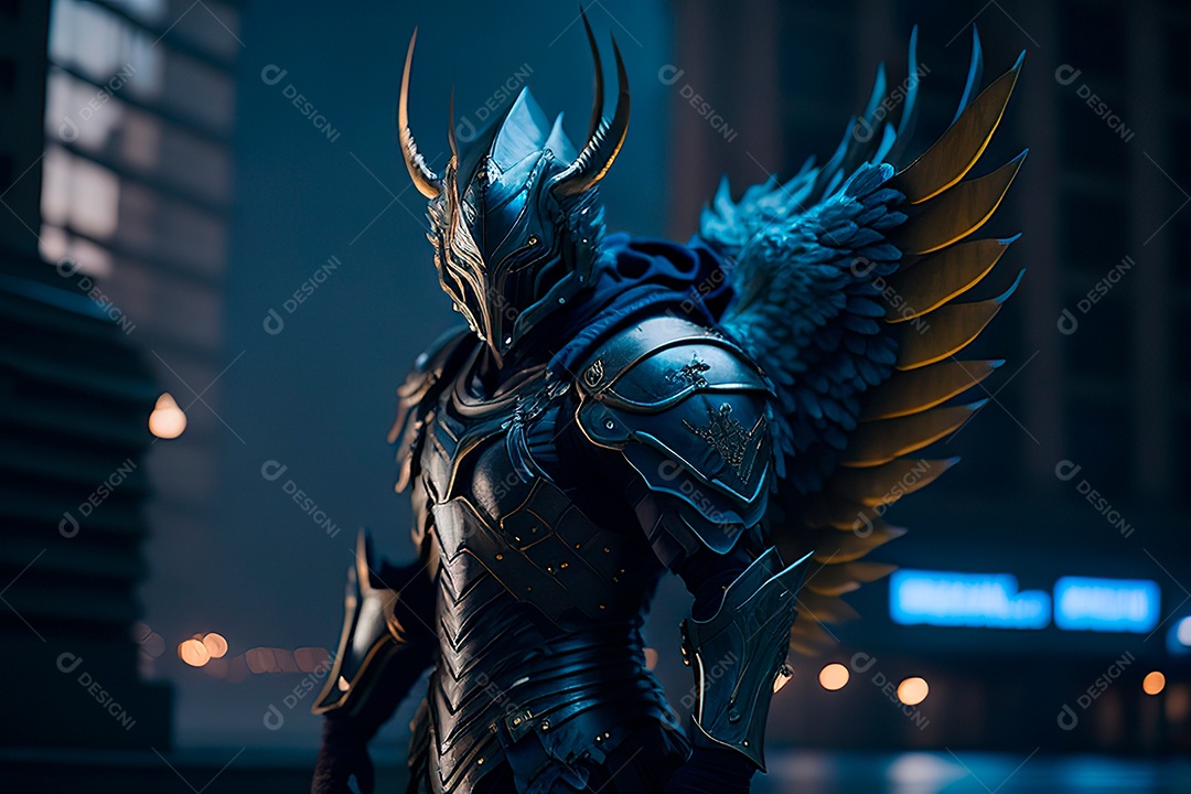 Anjo com armadura na cidade em chamas.