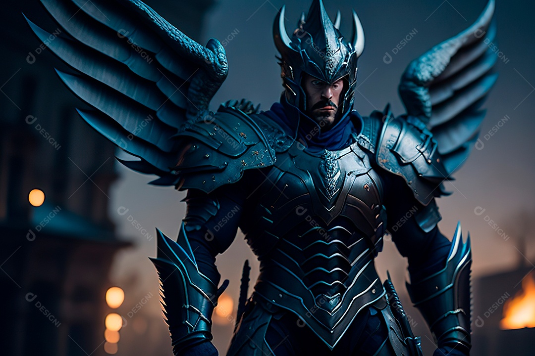 Anjo com armadura na cidade em chamas.