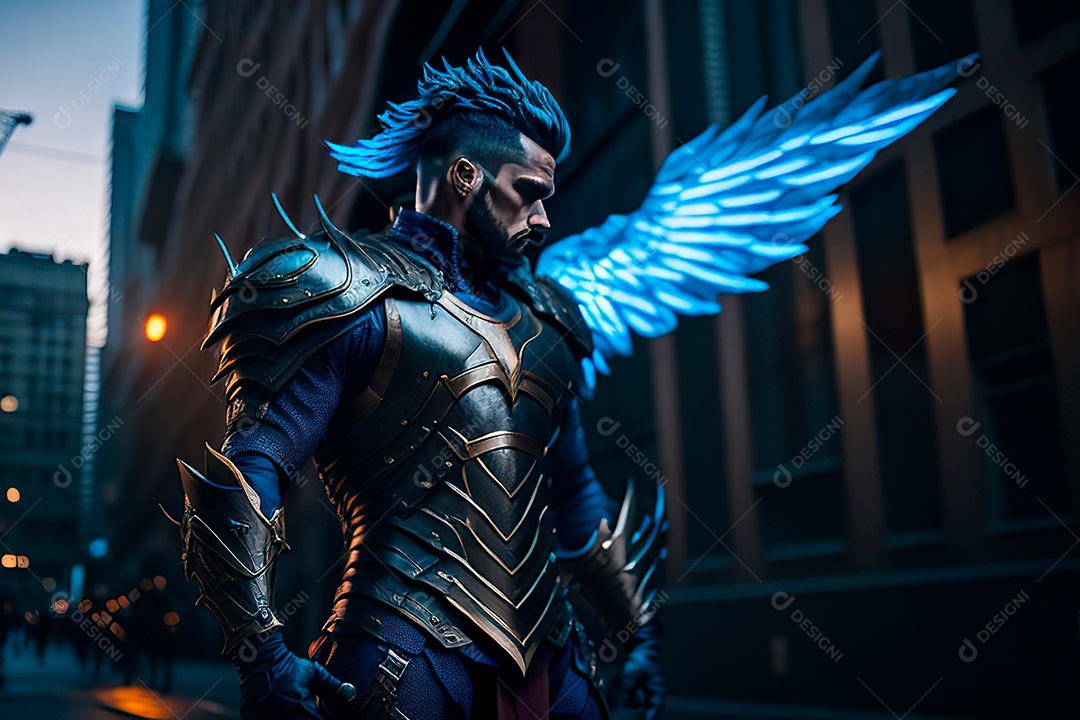 Anjo com armadura na cidade em chamas.