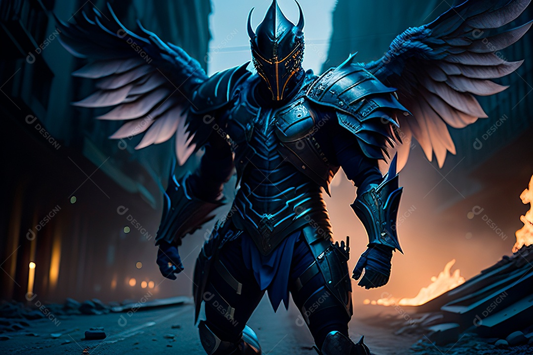 Anjo com armadura na cidade em chamas.