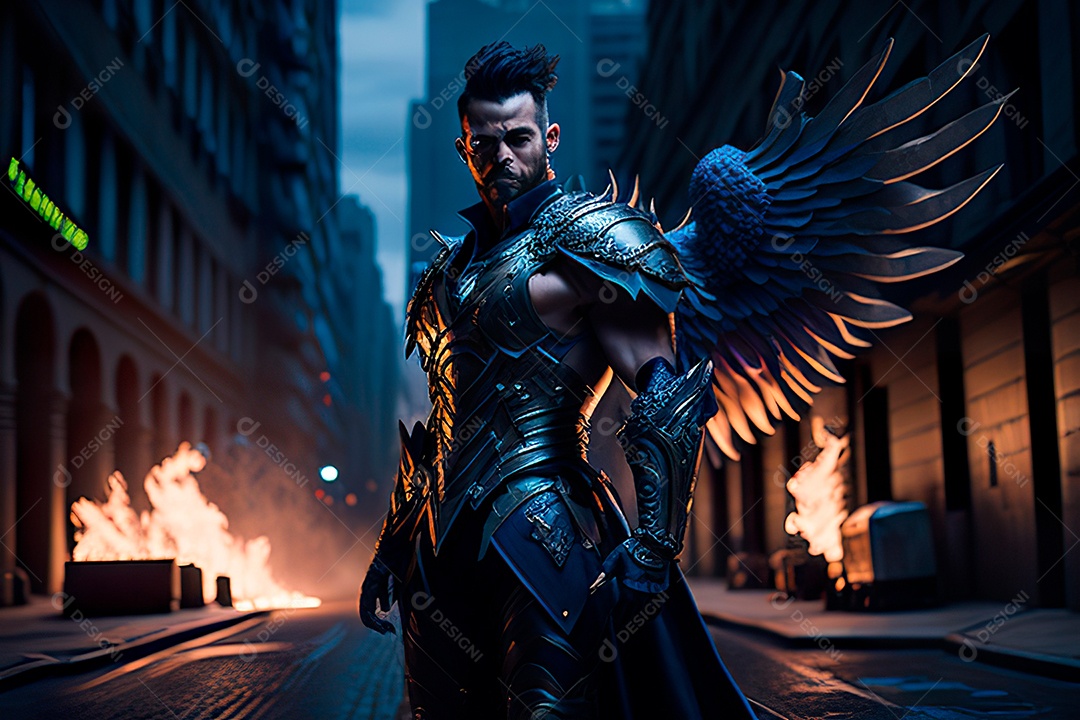 Anjo com armadura na cidade em chamas.