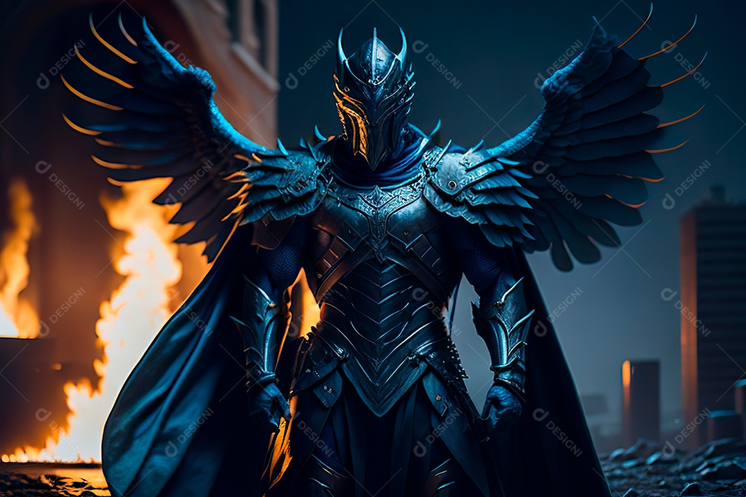 Anjo com armadura na cidade em chamas.