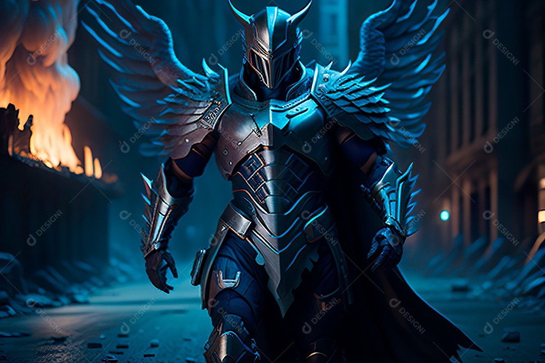 Anjo com armadura na cidade em chamas.