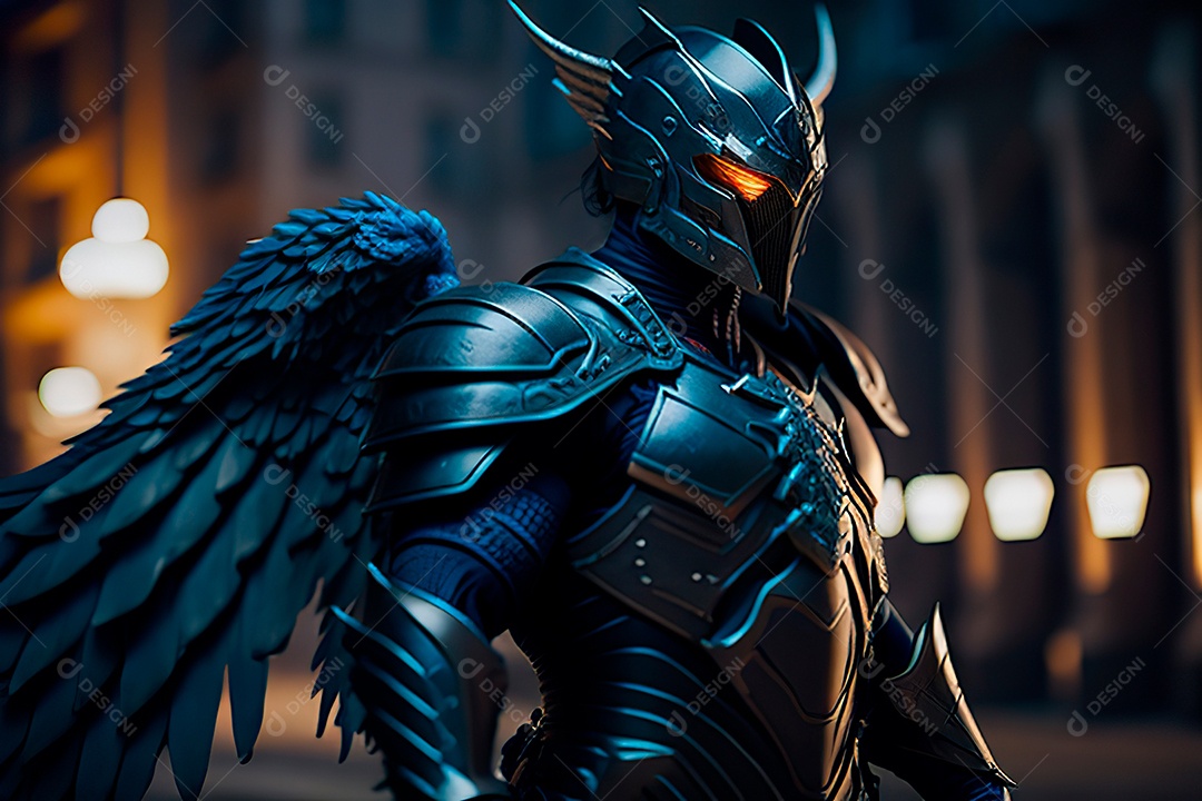 Anjo com armadura na cidade em chamas.