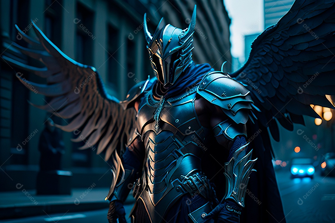 Anjo com armadura na cidade em chamas.