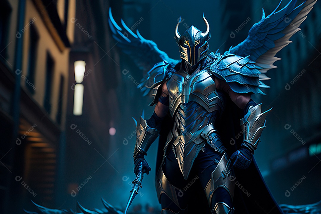 Anjo com armadura na cidade em chamas.