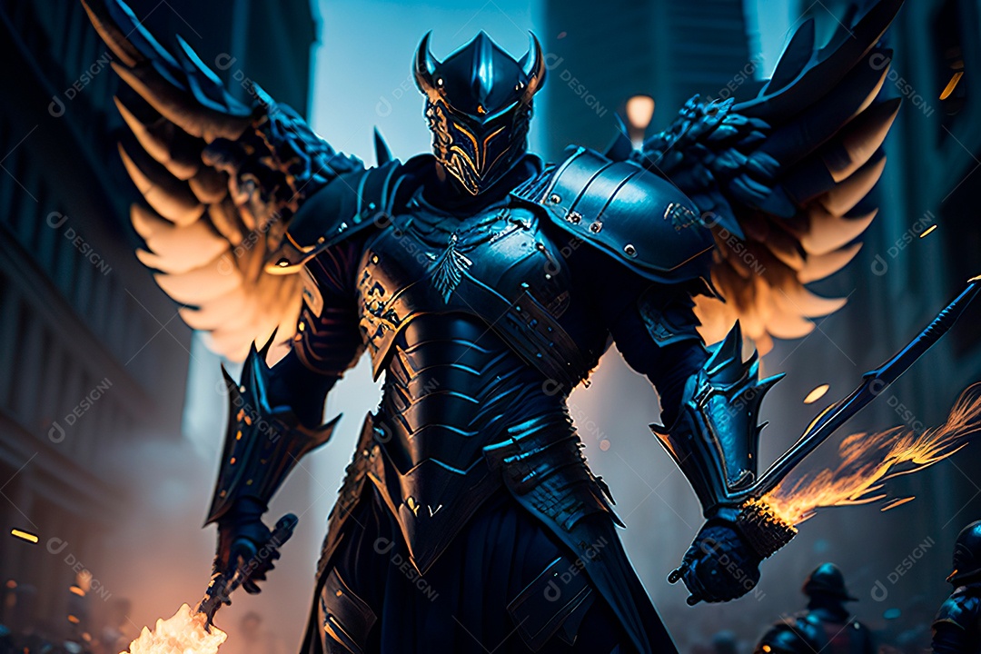 Anjo com armadura na cidade em chamas.