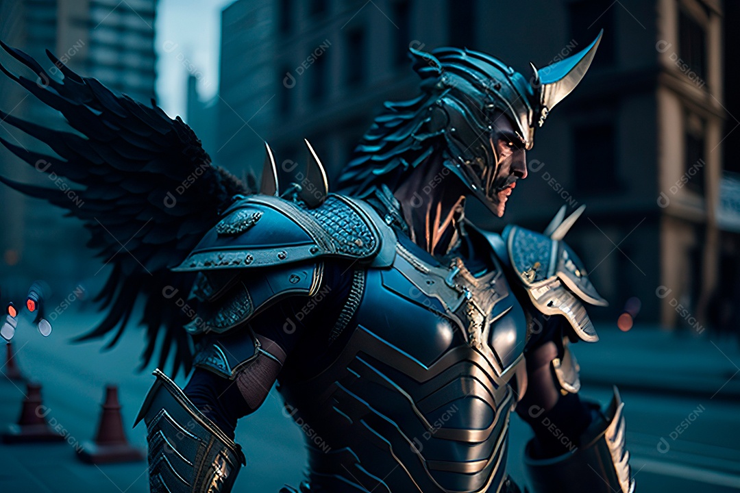 Anjo com armadura na cidade em chamas.