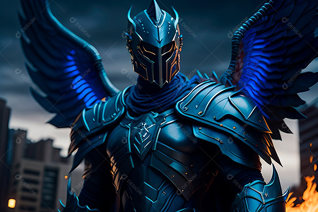 Anjo com armadura na cidade em chamas.