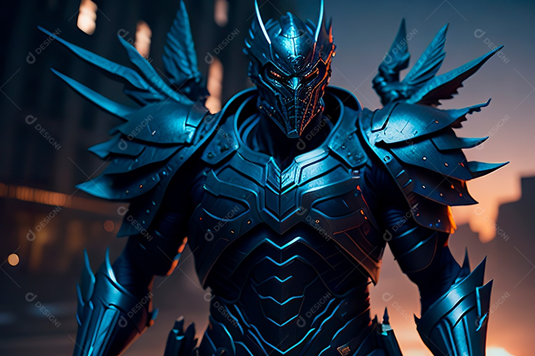 Anjo com armadura na cidade em chamas.