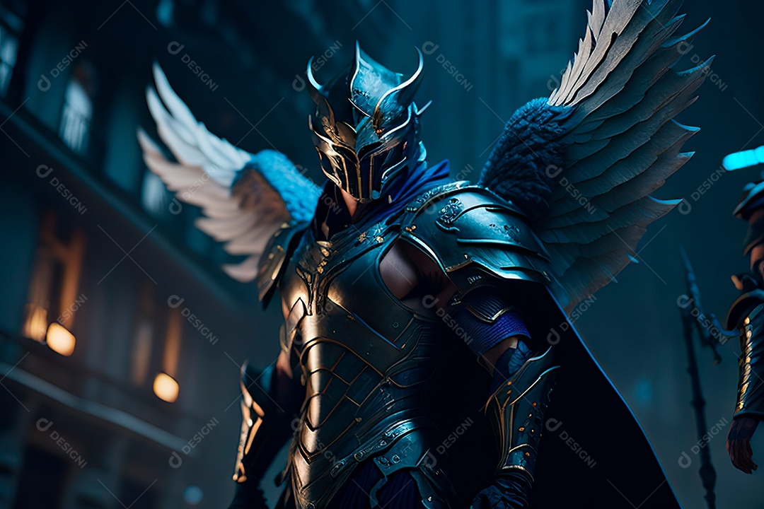 Anjo com armadura na cidade em chamas.