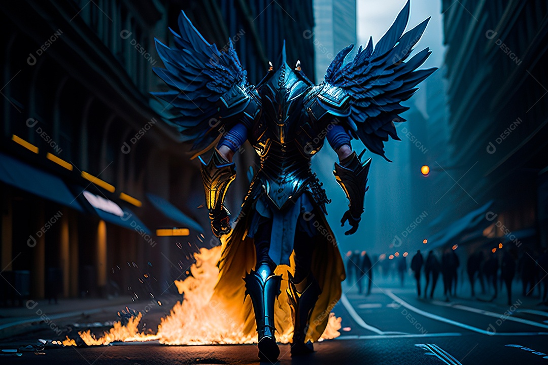 Anjo com armadura na cidade em chamas.