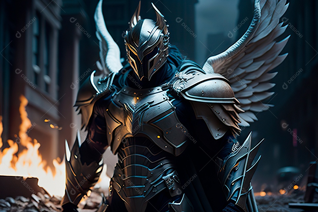 Anjo com armadura na cidade em chamas.